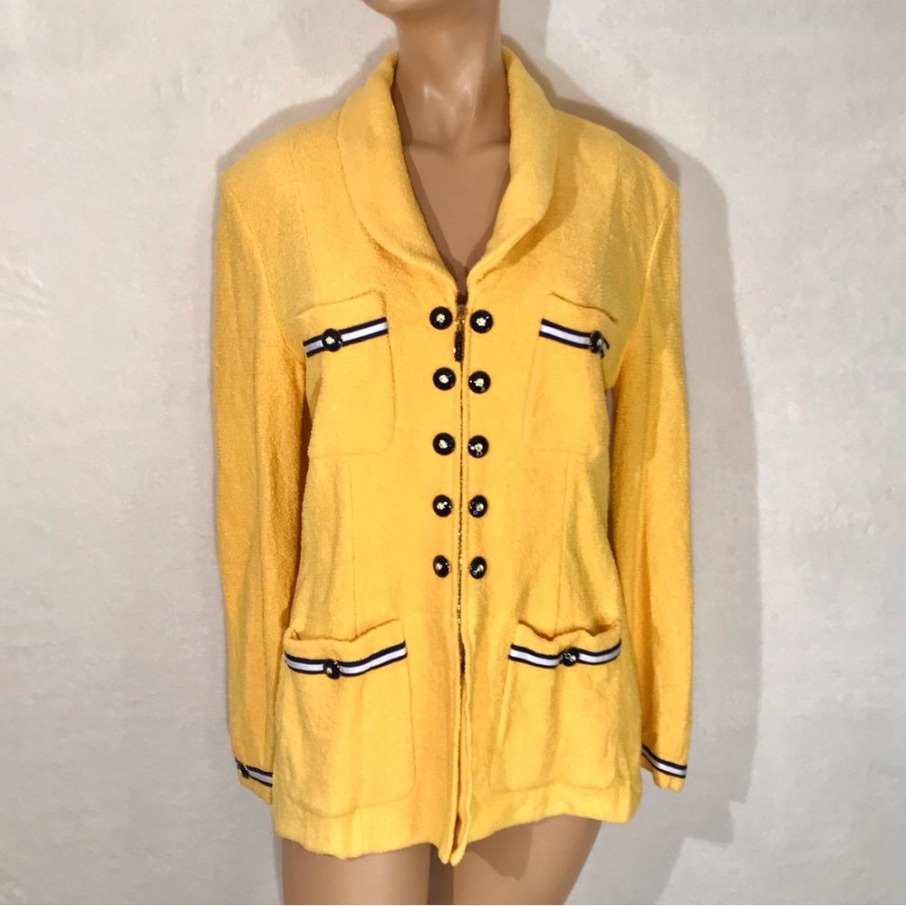 Vtg St. John Collection Marie Gray bright yellow woven zip up blazer type jacket